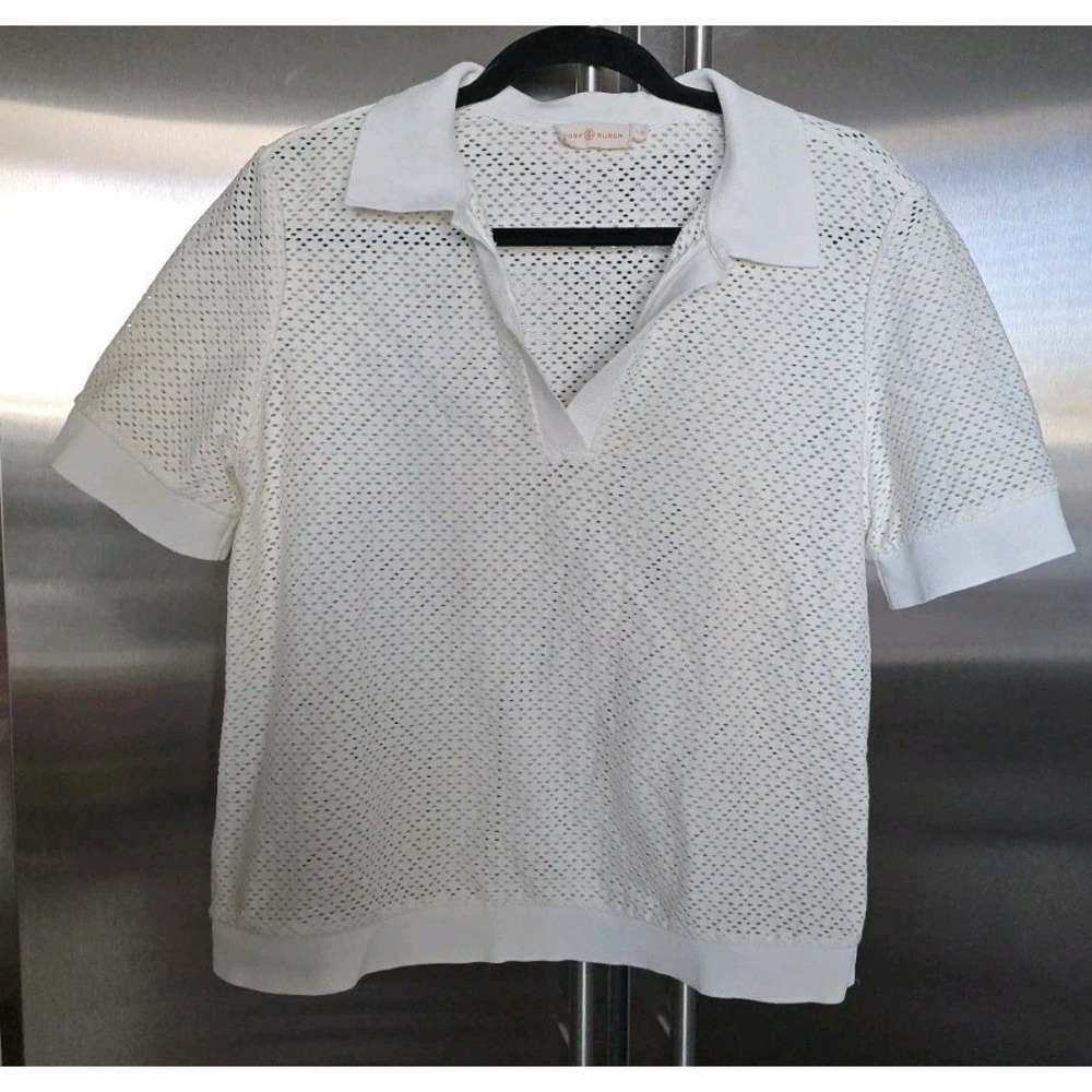 Tory Burch 70s Retro-Sporty Preppy Quiet Luxury Old Money Eyelet Preppy Top SZ L - Picture 2 of 12